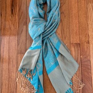 Pashmina Shawl Wrap Scarf Blue and Gold with Fringe 70%Pashmina 30% silk